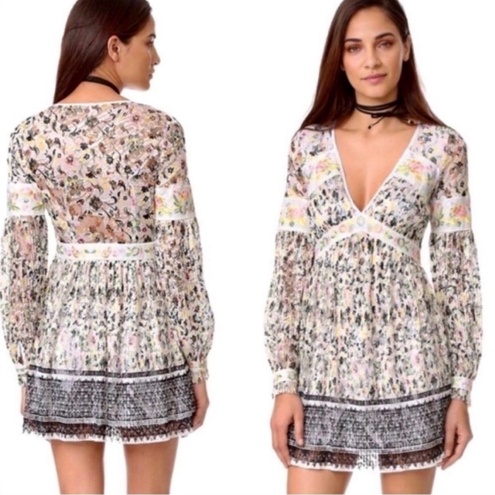 FREE PEOPLE Cherry Blossom Mini Dress in Ivory Multicolor Embroidered Mesh Sz 0